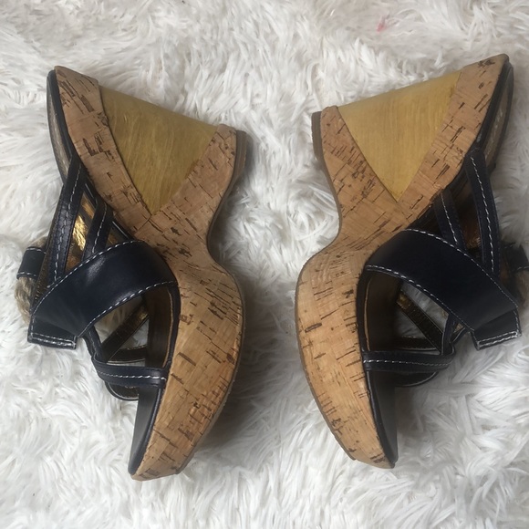 Hype Blue Leather Magnity Espadrille Buckle Slip On Wedge Peep Toe Sandals 7M - Picture 5 of 8